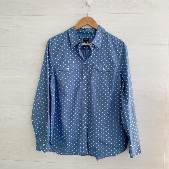 Talbots - Blue white polka dot long sleeve cotton button front shirt, L - Picture 1 of 6
